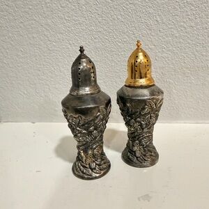 Vintage Floral Metal Salt & Pepper Shakers Silver Gold Toned Set